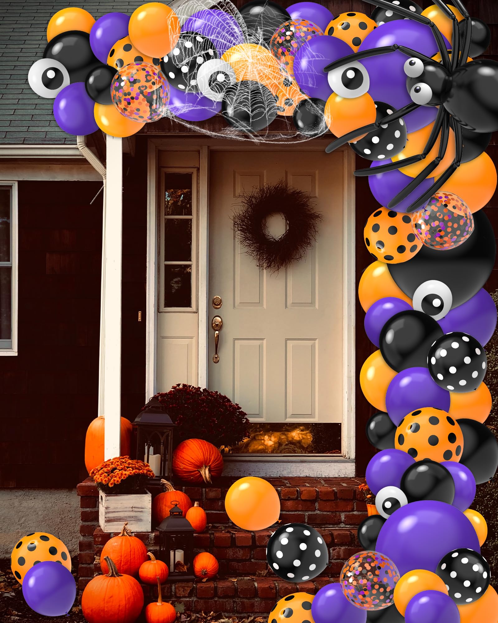 Gojmzo Halloween Balloon Garland Arch Kit, 5/10/12/18 Inch Confetti Purple Black and Orange Balloons with Spider Web, Halloween Decorations Indoor, Halloween Balloon for Party Decorations