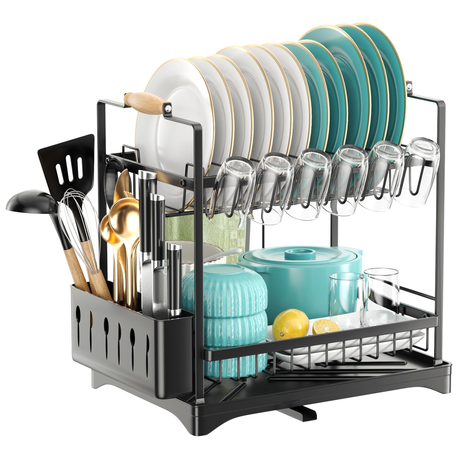 Housmile Dish Drying Rack, Large-Capacity Dish Rack for Kitchen Counter, Stainless Steel Dish Drainer, 2-Tier Drying Rack Kitchen Adjustable Height for Dishes, Knives, Spoons, and Forks, Black