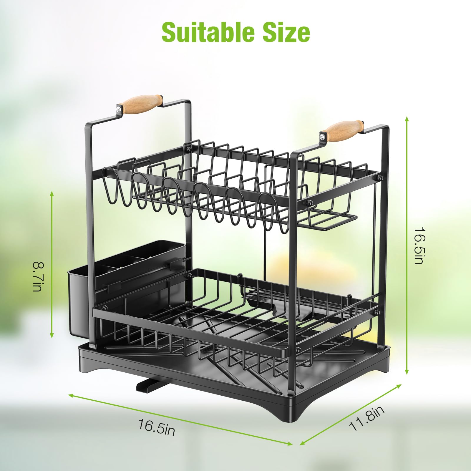 Housmile Dish Drying Rack, Large-Capacity Dish Rack for Kitchen Counter, Stainless Steel Dish Drainer, 2-Tier Drying Rack Kitchen Adjustable Height for Dishes, Knives, Spoons, and Forks, Black