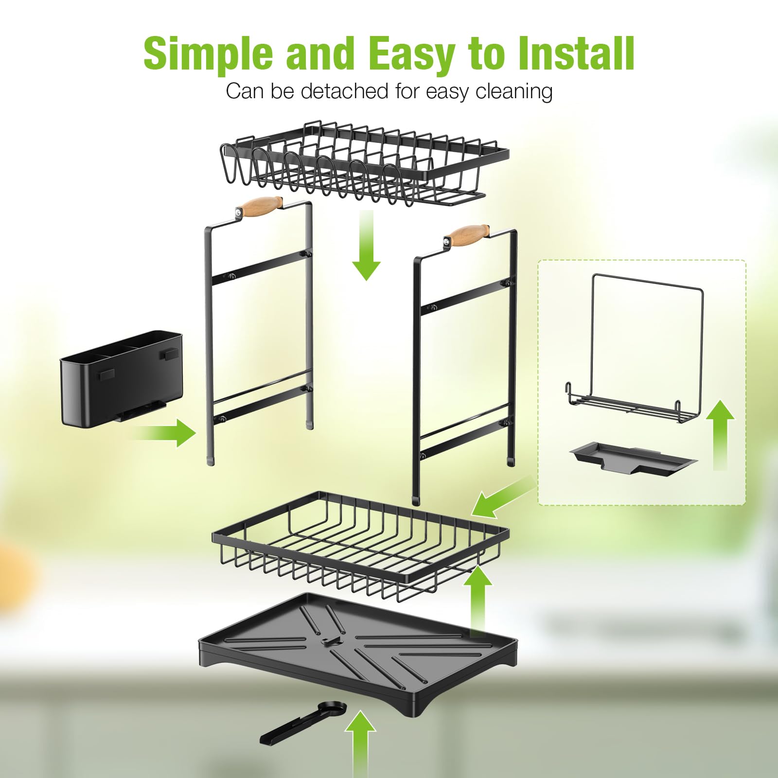 Housmile Dish Drying Rack, Large-Capacity Dish Rack for Kitchen Counter, Stainless Steel Dish Drainer, 2-Tier Drying Rack Kitchen Adjustable Height for Dishes, Knives, Spoons, and Forks, Black