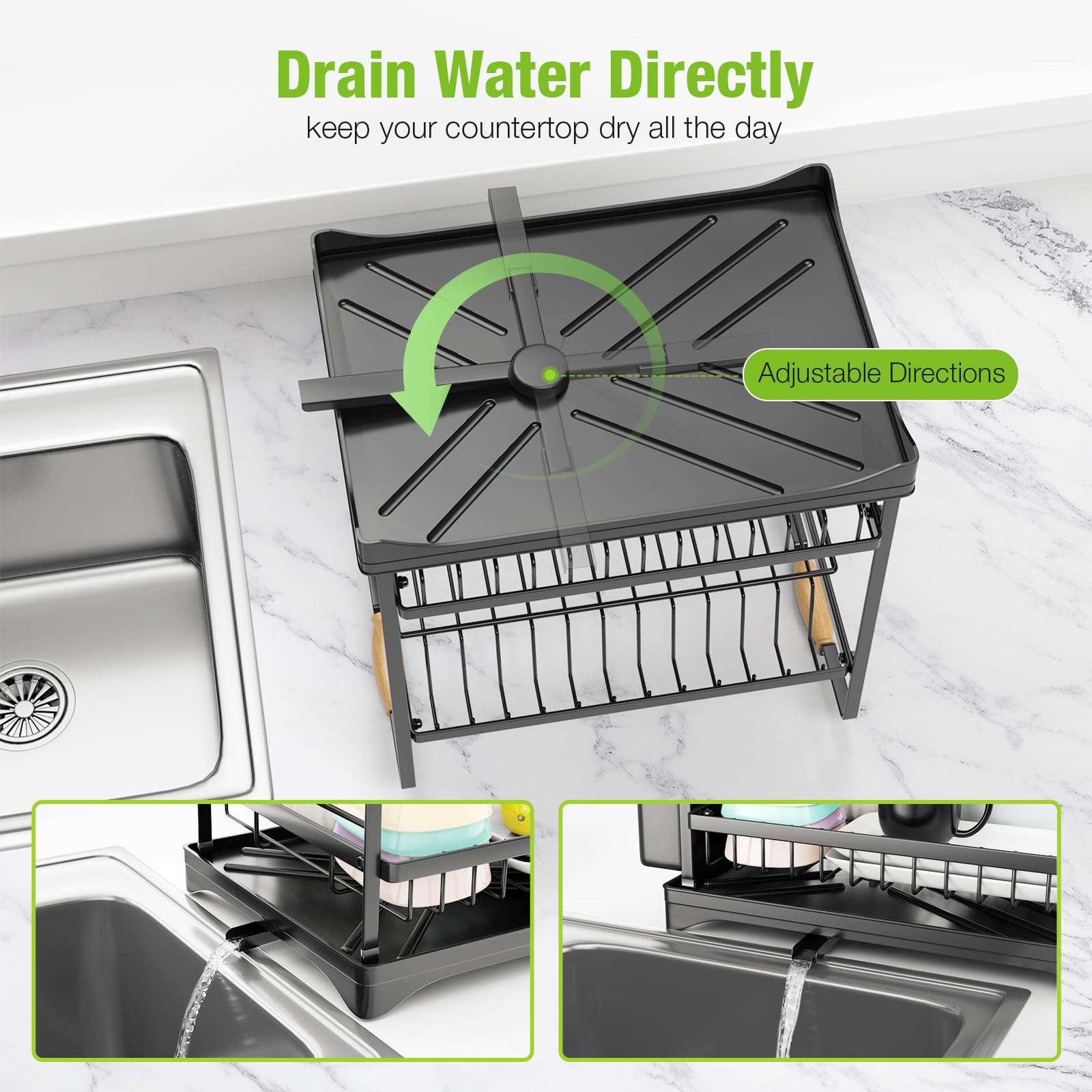 Housmile Dish Drying Rack, Large-Capacity Dish Rack for Kitchen Counter, Stainless Steel Dish Drainer, 2-Tier Drying Rack Kitchen Adjustable Height for Dishes, Knives, Spoons, and Forks, Black