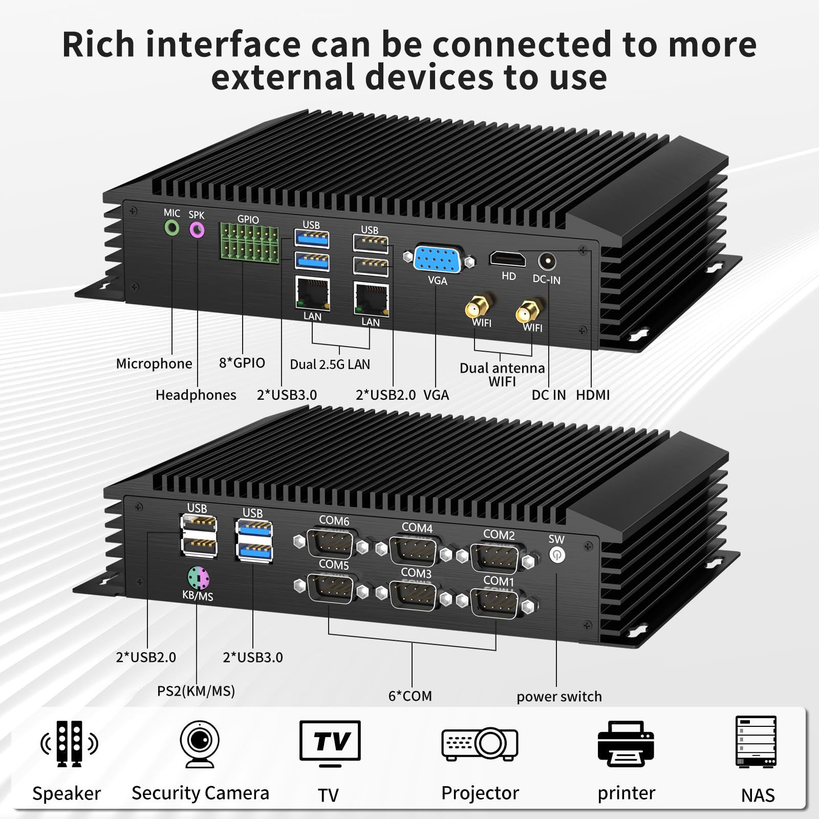 Kinupute Fanless Industrial PC, Mini Desktop Computer i7-7510U, Windows 10 Pro, 16G DDR4, 256G Msata SSD, Dual 2.5G LAN, 6xCOM RS232/RS485, HDMI/VGA, WiFi 5/BT4.0, Auto Power On, Full Metal Case