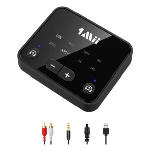 1mii bluetooth 5.3 transmitter for tv to 2 wireless headphones, long range 100ft bluetooth adapter for tv aptx low latency& hd/volume control, optical/usb/aux/rca audio inputs