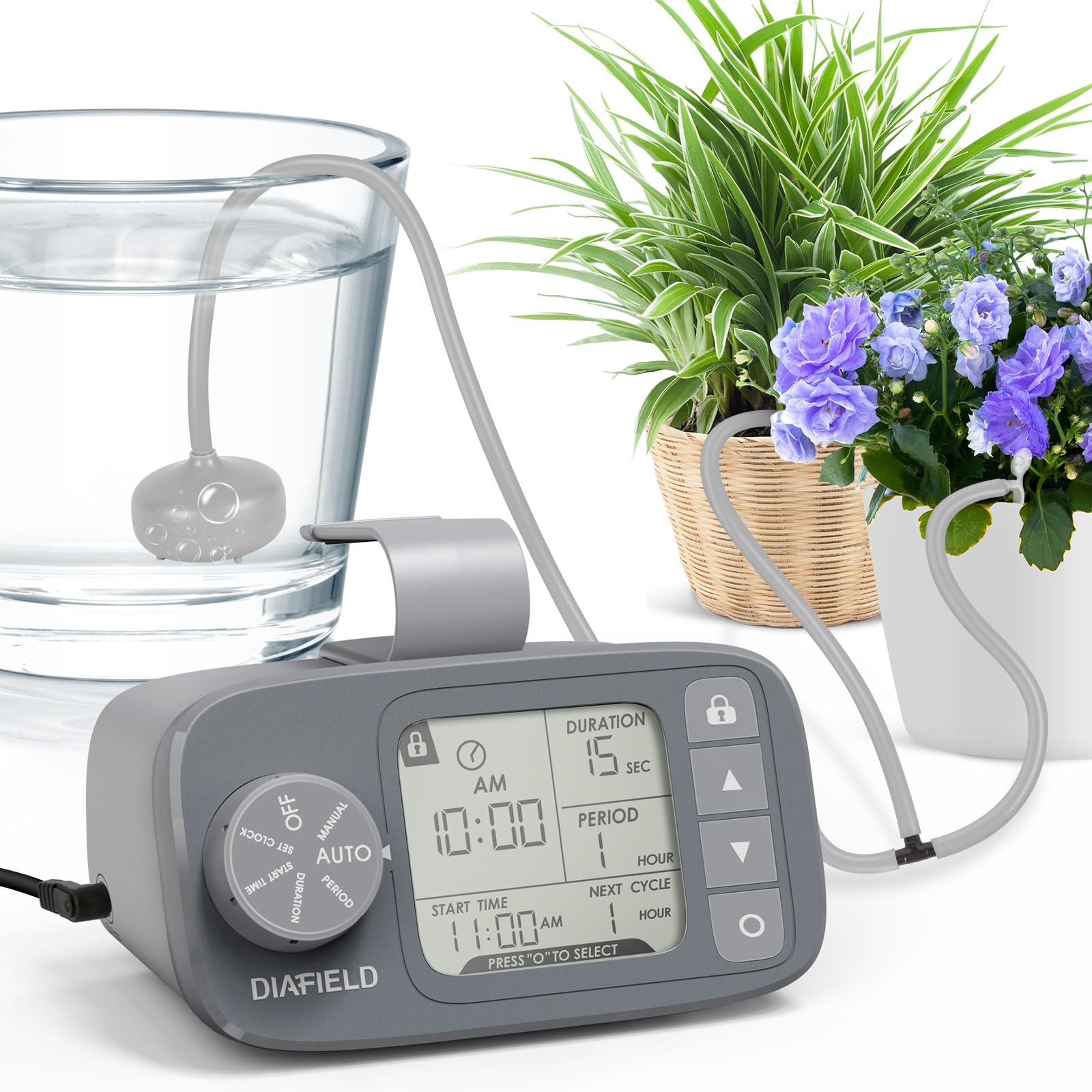 DIAFIELD Automatic Watering System for Potted Plants, Indoor Watering System for Plants, Automatic Drip Irrigation Kit with 30-Day Programmable Water Timer, LCD Display & Power Supply