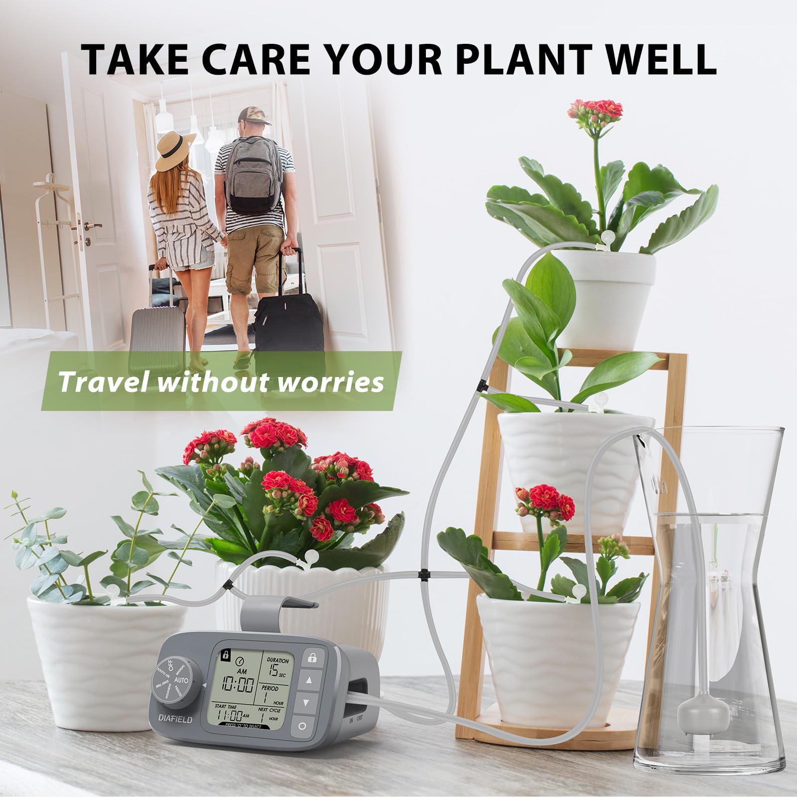 DIAFIELD Automatic Watering System for Potted Plants, Indoor Watering System for Plants, Automatic Drip Irrigation Kit with 30-Day Programmable Water Timer, LCD Display & Power Supply