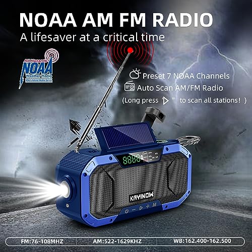 Emergency Radio Hand Crank Solar,Portable AM FM NOAA Weather Digital Radio,Waterproof Wind Up Rechargeable Radio with 5000mAh Battery Power,Flashlight Cell Phone Charger,Reading Lamp,Outdoor Survival