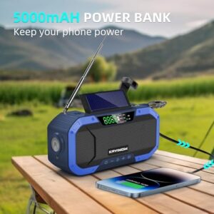 Emergency Radio Hand Crank Solar,Portable AM FM NOAA Weather Digital Radio,Waterproof Wind Up Rechargeable Radio with 5000mAh Battery Power,Flashlight Cell Phone Charger,Reading Lamp,Outdoor Survival