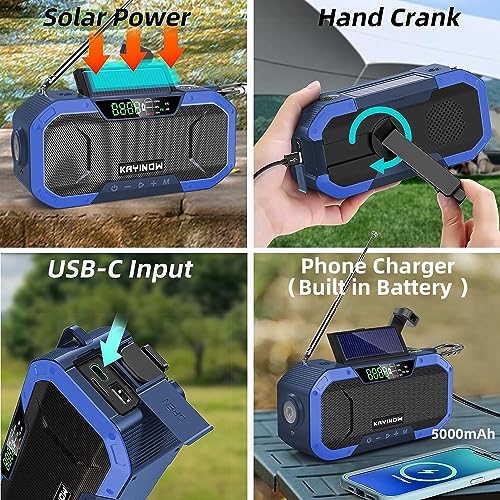 Emergency Radio Hand Crank Solar,Portable AM FM NOAA Weather Digital Radio,Waterproof Wind Up Rechargeable Radio with 5000mAh Battery Power,Flashlight Cell Phone Charger,Reading Lamp,Outdoor Survival