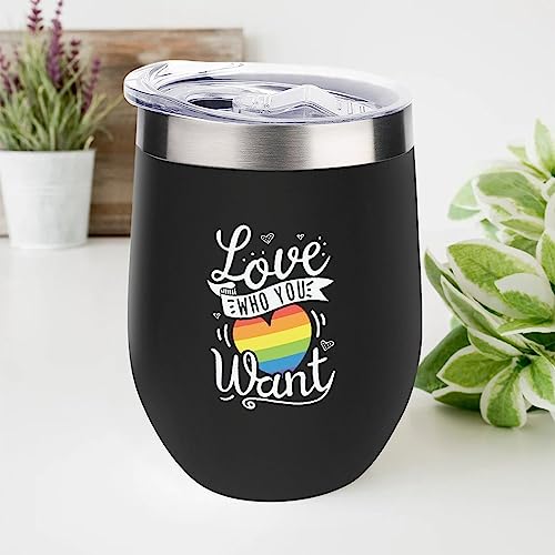 Mighun Love Who Your Want Wine Tumbler with Lid, Pansexual Bisexual LGBTQ Vacuum Coffee Tumbler, Gay Pride Stemless Insulated Wine Glasses Cup for Champaign, Cocktail, Beer