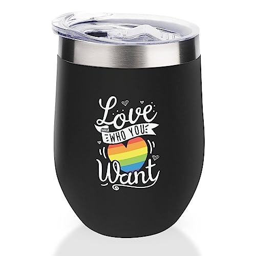 Mighun Love Who Your Want Wine Tumbler with Lid, Pansexual Bisexual LGBTQ Vacuum Coffee Tumbler, Gay Pride Stemless Insulated Wine Glasses Cup for Champaign, Cocktail, Beer