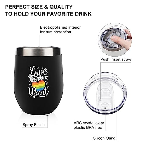 Mighun Love Who Your Want Wine Tumbler with Lid, Pansexual Bisexual LGBTQ Vacuum Coffee Tumbler, Gay Pride Stemless Insulated Wine Glasses Cup for Champaign, Cocktail, Beer