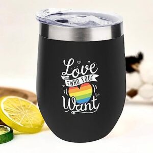 Mighun Love Who Your Want Wine Tumbler with Lid, Pansexual Bisexual LGBTQ Vacuum Coffee Tumbler, Gay Pride Stemless Insulated Wine Glasses Cup for Champaign, Cocktail, Beer