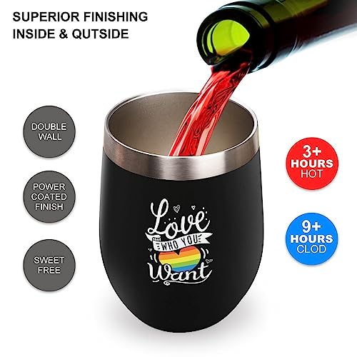 Mighun Love Who Your Want Wine Tumbler with Lid, Pansexual Bisexual LGBTQ Vacuum Coffee Tumbler, Gay Pride Stemless Insulated Wine Glasses Cup for Champaign, Cocktail, Beer