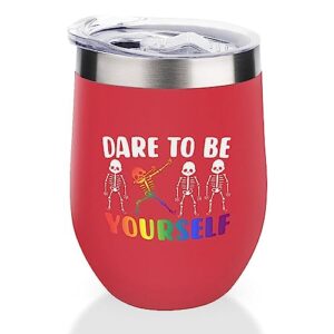 mighun dare to be yourself rainbow skull wine tumbler with lid, lgbt pride gay lesbian vacuum coffee tumbler, gay pride stemless insulated wine glasses cup for champaign, cocktail, beer