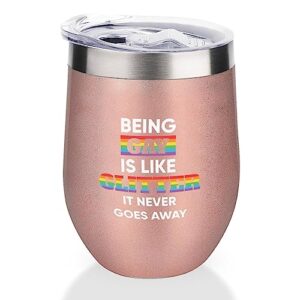 mighun being gay is like never goes away wine tumbler with lid, pansexual bisexual lgbtq vacuum coffee tumbler, gay pride stemless insulated wine glasses cup for champaign, cocktail, beer