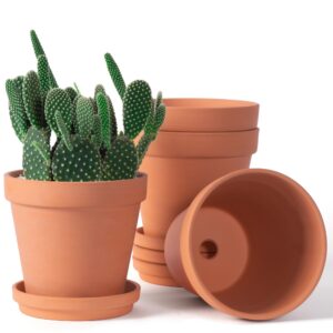6 inch clay pots for plants with saucer, large terra cotta plant pots with drainage hole, flower pots with tray, terracotta pots for indoor outdoor plant - pack of 4 planters
