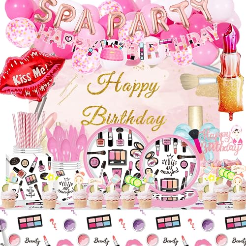 233 PCs Spa Party Supplies for Girls, Hombae Spa Makeup Salon Cosmetics Birthday Decorations Backdrop Balloon Garland Banner Tablecloth Cake Cupcake Topper Plate Napkin Cup Straw Knife Fork Spoon