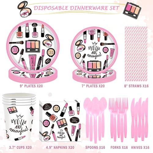 233 PCs Spa Party Supplies for Girls, Hombae Spa Makeup Salon Cosmetics Birthday Decorations Backdrop Balloon Garland Banner Tablecloth Cake Cupcake Topper Plate Napkin Cup Straw Knife Fork Spoon