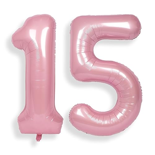 SUWEN 40 Inch Pink Large 15 Number Balloons Big Foil Helium Number Balloons 0-9 Jumbo Happy 15th Mylar Birthday Party Decorations for Girl or Women 51 Anniversary Party Supplies