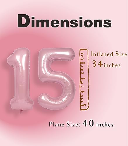 SUWEN 40 Inch Pink Large 15 Number Balloons Big Foil Helium Number Balloons 0-9 Jumbo Happy 15th Mylar Birthday Party Decorations for Girl or Women 51 Anniversary Party Supplies