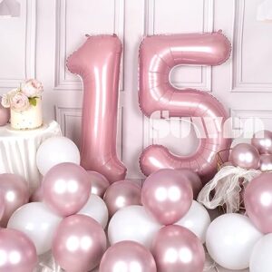 SUWEN 40 Inch Pink Large 15 Number Balloons Big Foil Helium Number Balloons 0-9 Jumbo Happy 15th Mylar Birthday Party Decorations for Girl or Women 51 Anniversary Party Supplies