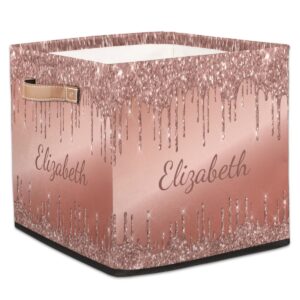 ririx personalized storage bin, custom storage baskets for organizing with handles, foldable storage box for closet cloth baskes toy rose gold dripping glitter