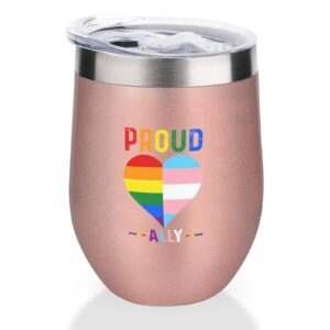 mighun proud ally lgbt rainbow heart wine tumbler with lid, lgbt pride vacuum coffee tumbler, gay pride stemless insulated wine glasses cup for champaign, cocktail, beer