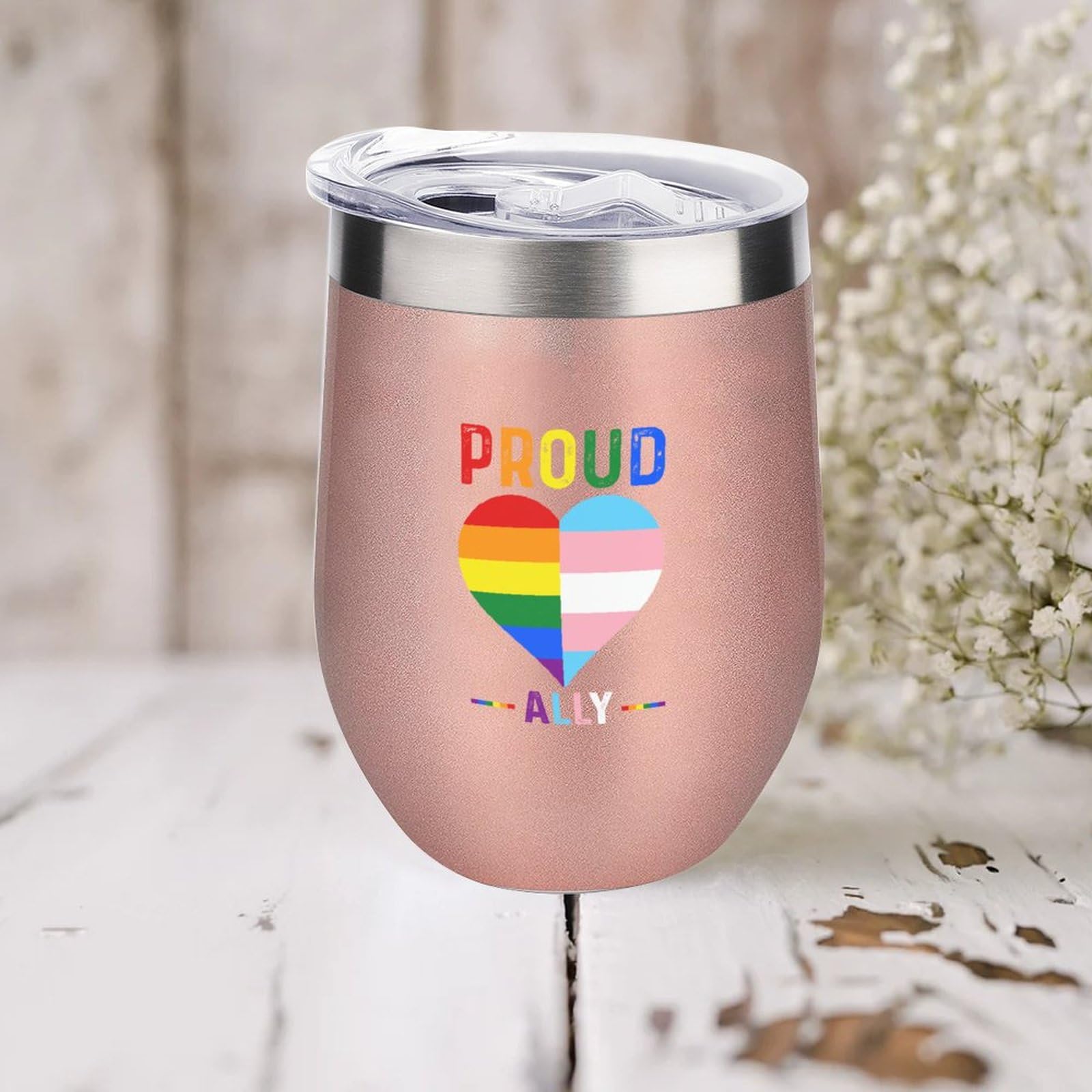 Mighun Proud Ally LGBT Rainbow Heart Wine Tumbler with Lid, LGBT Pride Vacuum Coffee Tumbler, Gay Pride Stemless Insulated Wine Glasses Cup for Champaign, Cocktail, Beer