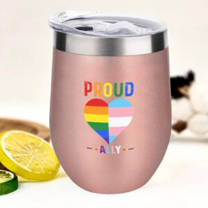 Mighun Proud Ally LGBT Rainbow Heart Wine Tumbler with Lid, LGBT Pride Vacuum Coffee Tumbler, Gay Pride Stemless Insulated Wine Glasses Cup for Champaign, Cocktail, Beer