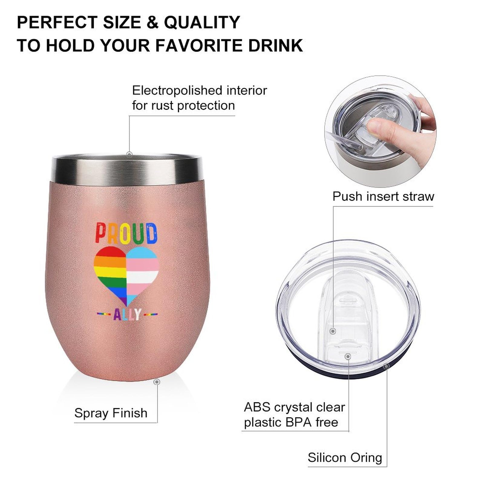 Mighun Proud Ally LGBT Rainbow Heart Wine Tumbler with Lid, LGBT Pride Vacuum Coffee Tumbler, Gay Pride Stemless Insulated Wine Glasses Cup for Champaign, Cocktail, Beer