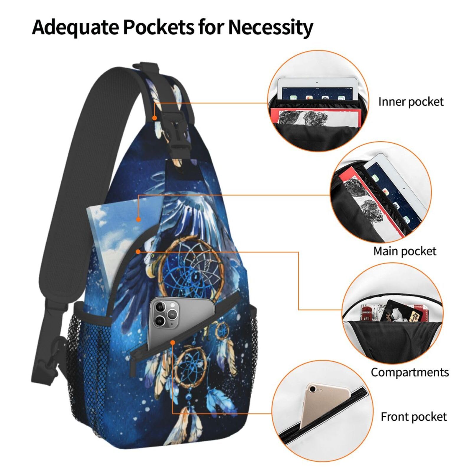 Dream Catcher With Eagle Sling Backpack Crossbody Shoulder Bags For Women Men Native American Indian Casual Daypacks Adjustable Chest Bag For Hiking Travel Cycling