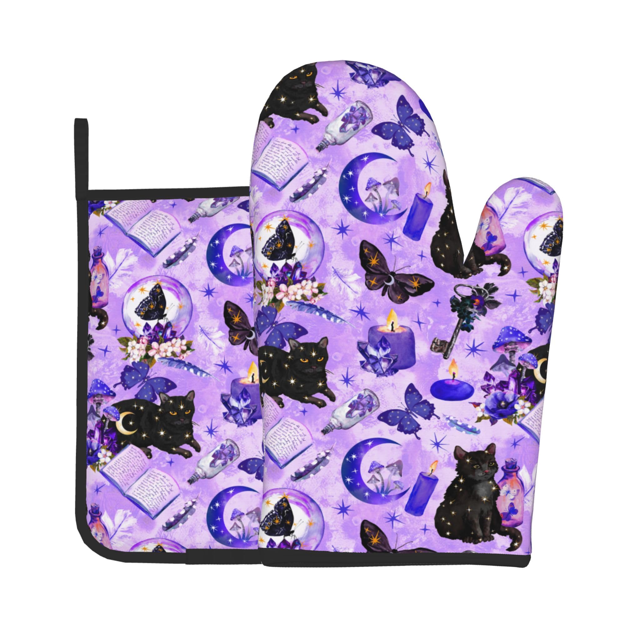 Flexible Witchy Witch Goth Black cat Mushroom Oven Mitts and Pot Holders High Heat Resistant Oven Mitts and Pot Holders Non-Slip BBQ Gloves