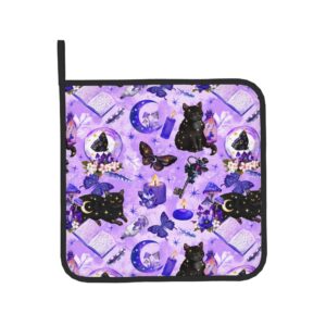 Flexible Witchy Witch Goth Black cat Mushroom Oven Mitts and Pot Holders High Heat Resistant Oven Mitts and Pot Holders Non-Slip BBQ Gloves