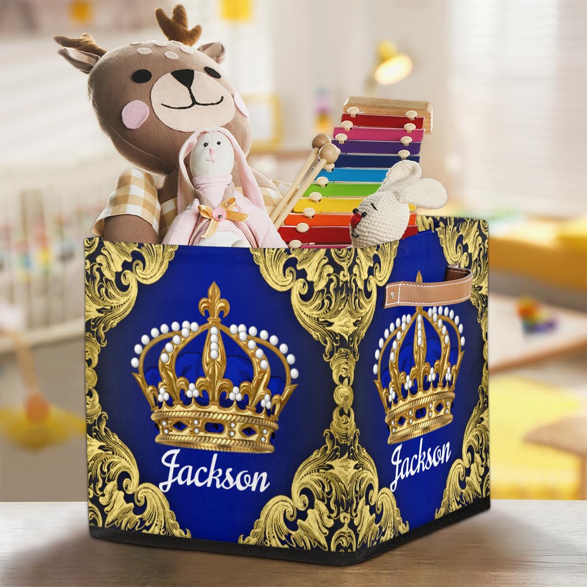 RIRIX Personalized Storage Bin, Custom Storage Baskets for Organizing with Handles, Foldable Storage Box for Closet Cloth Baskes Toy Blue Gold Prince Crown