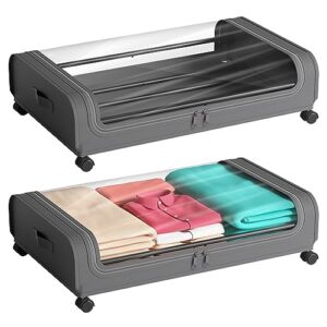 jewem under bed storage with wheels, under bed storage containers, 2 pack underbed storage, 6.5 inch high rolling under bed shoe storage with lid, small space organization and storage for clothes
