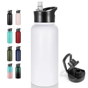 vegond 32 oz insulated water bottle stainless steel metal water bottles with leak proof straw lid & spout lid, wide mouth double walled vacuum travel sports bottle, white