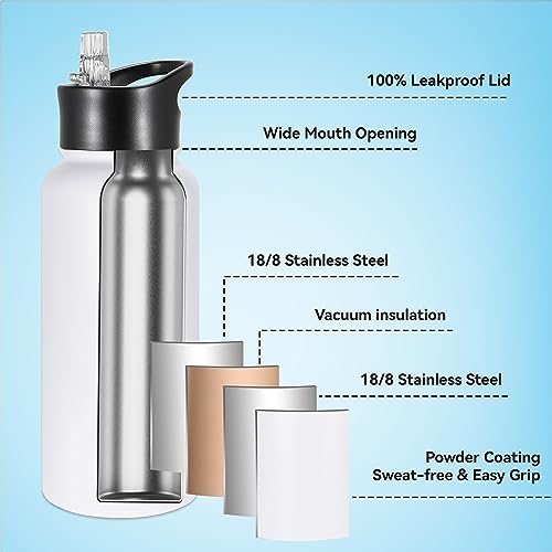 VEGOND 32 oz Insulated Water Bottle Stainless Steel Metal Water Bottles with Leak Proof Straw Lid & Spout Lid, Wide Mouth Double Walled Vacuum Travel Sports Bottle, White