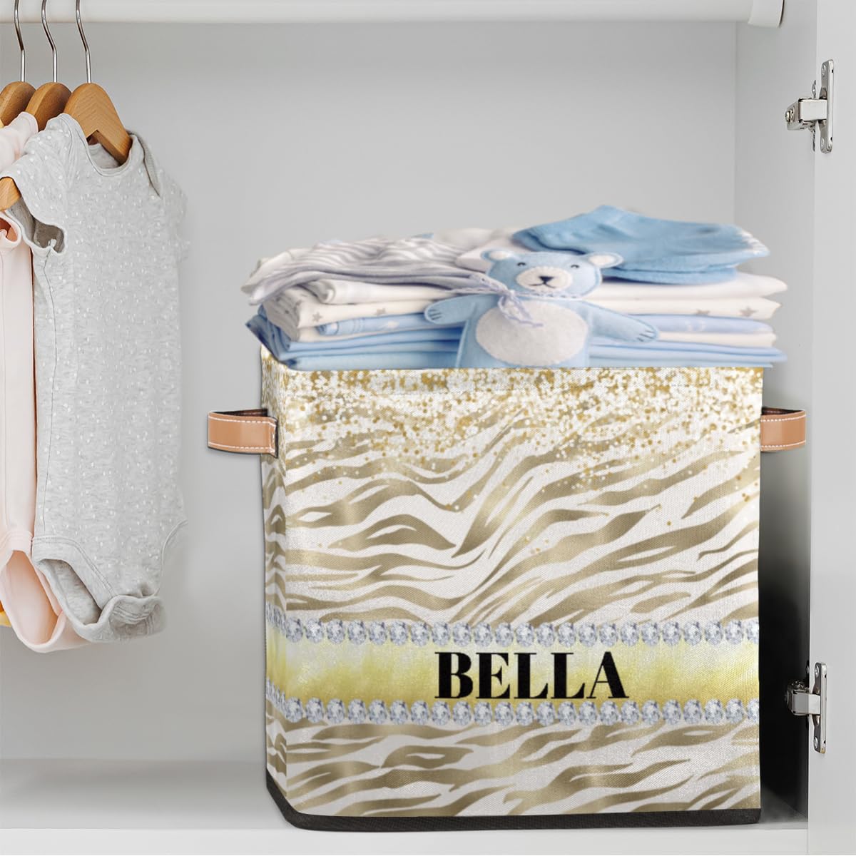 RIRIX Personalized Storage Bin, Custom Storage Baskets for Organizing with Handles, Foldable Storage Box for Closet Cloth Baskes Toy Gold Zebra Glitter