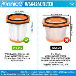 Erinice WS642AE Filter for Shark Wandvac Self-Empty Cordless Stick Vacuum WS642AE Replacement Part, 4 HEPA Filter + 4 Foam & Felt Filter + 2 Base Post-Motor Filter + 1 Cleaning Brush