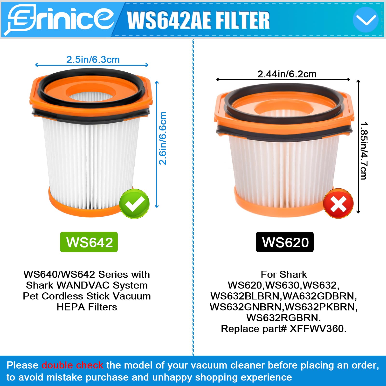 Erinice WS642AE Filter for Shark Wandvac Self-Empty Cordless Stick Vacuum WS642AE Replacement Part, 4 HEPA Filter + 4 Foam & Felt Filter + 2 Base Post-Motor Filter + 1 Cleaning Brush