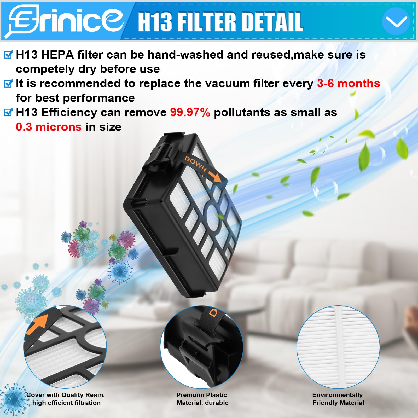 Erinice WS642AE Filter for Shark Wandvac Self-Empty Cordless Stick Vacuum WS642AE Replacement Part, 4 HEPA Filter + 4 Foam & Felt Filter + 2 Base Post-Motor Filter + 1 Cleaning Brush