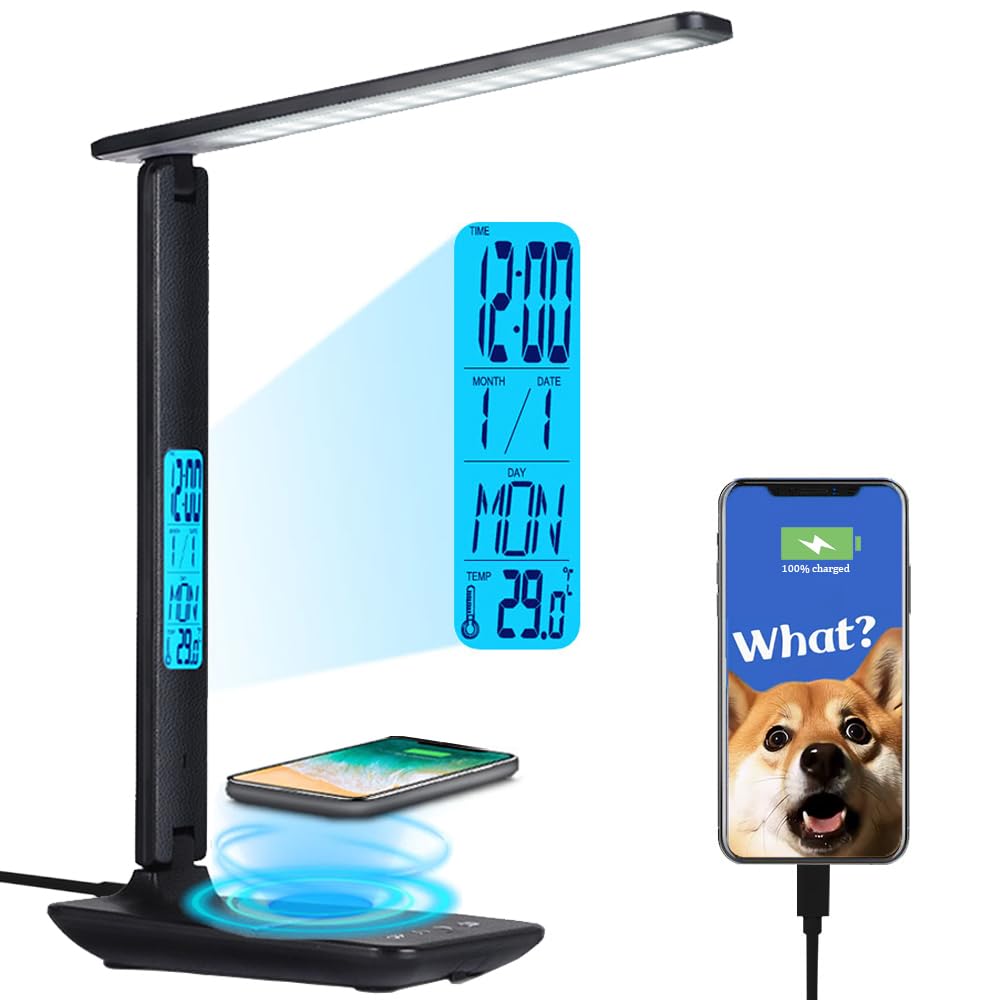 wanjiaone Multifunctional LED Desk Lamp with Wireless Charger,USB Charging Port,Clock,Phone Holder,Desk Lamps for Home Office,Eye-Caring Reading Lamp,Study Lamp for Boys,Girls,Teens,Black