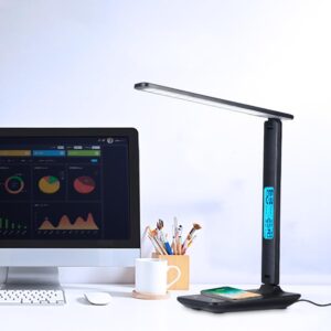 wanjiaone Multifunctional LED Desk Lamp with Wireless Charger,USB Charging Port,Clock,Phone Holder,Desk Lamps for Home Office,Eye-Caring Reading Lamp,Study Lamp for Boys,Girls,Teens,Black