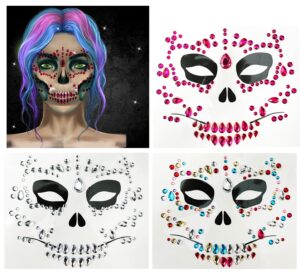padoun rhinestone face jewels, 3-pack day of the died face gems halloween temporary face tattoo, stick on hollowing prank makeup costume