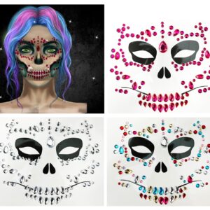PADOUN Rhinestone Face Jewels, 3-Pack Day of the Died Face Gems Halloween Temporary Face Tattoo, Stick on Hollowing Prank Makeup Costume