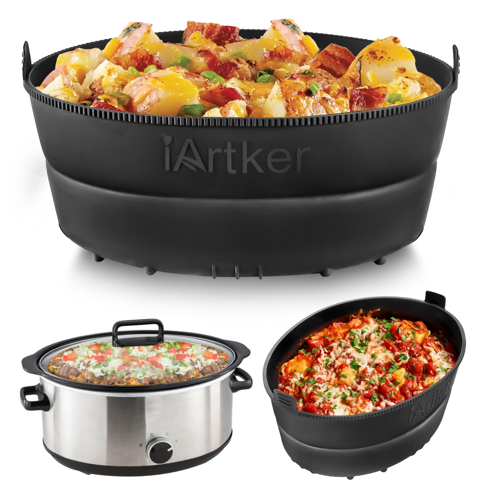 iArtker Silicone Slow Cooker Liner fit 7-8 Quart, Thickened Foldable Crockpot Liners Oval Crock-Pot, Reusable Leakproof Crock Pot Liner BPA Free Dishwasher Safe