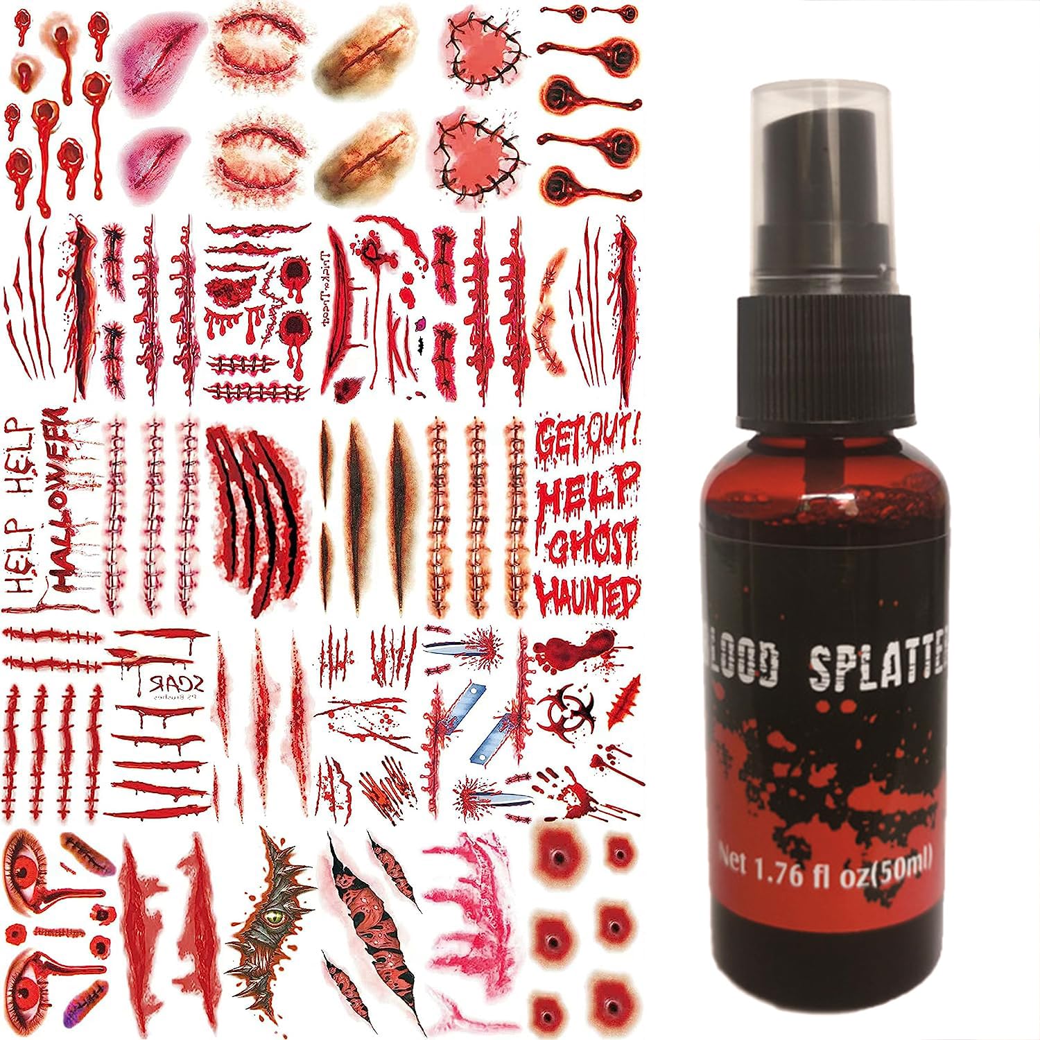 3D Fake Scars Halloween Makeup Kit,30 Sheets Scar Sticker 150PCS+Fake Blood Spray 1.76oz