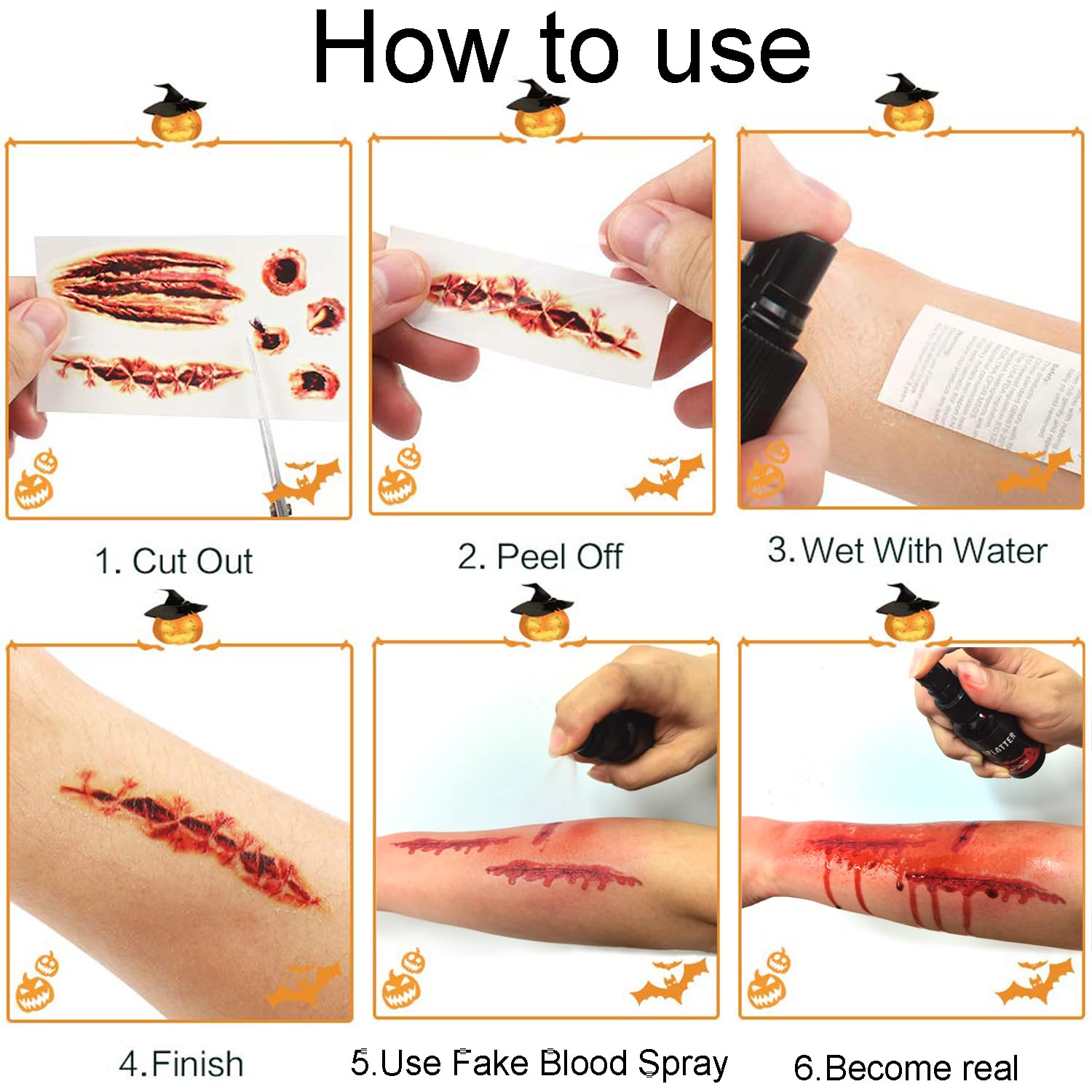 3D Fake Scars Halloween Makeup Kit,30 Sheets Scar Sticker 150PCS+Fake Blood Spray 1.76oz