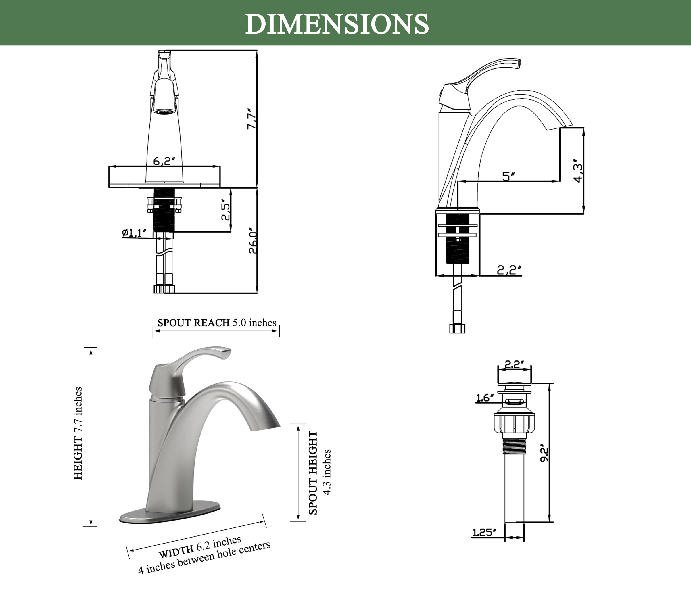 TimeArrow Brushed Nickel 1-Handle Single Hole Bathroom Faucet, 3-Hole Deck Plate, Pop-Up Drain and Water Supply Lines Included, TAF206-BN