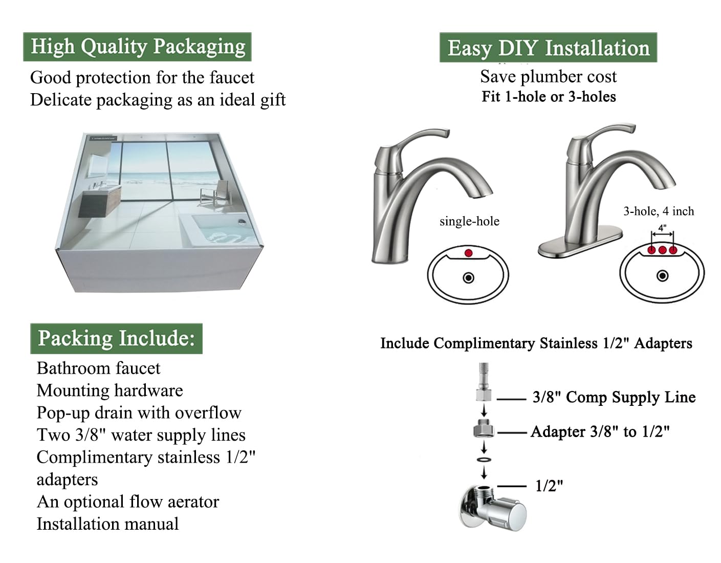 TimeArrow Brushed Nickel 1-Handle Single Hole Bathroom Faucet, 3-Hole Deck Plate, Pop-Up Drain and Water Supply Lines Included, TAF206-BN